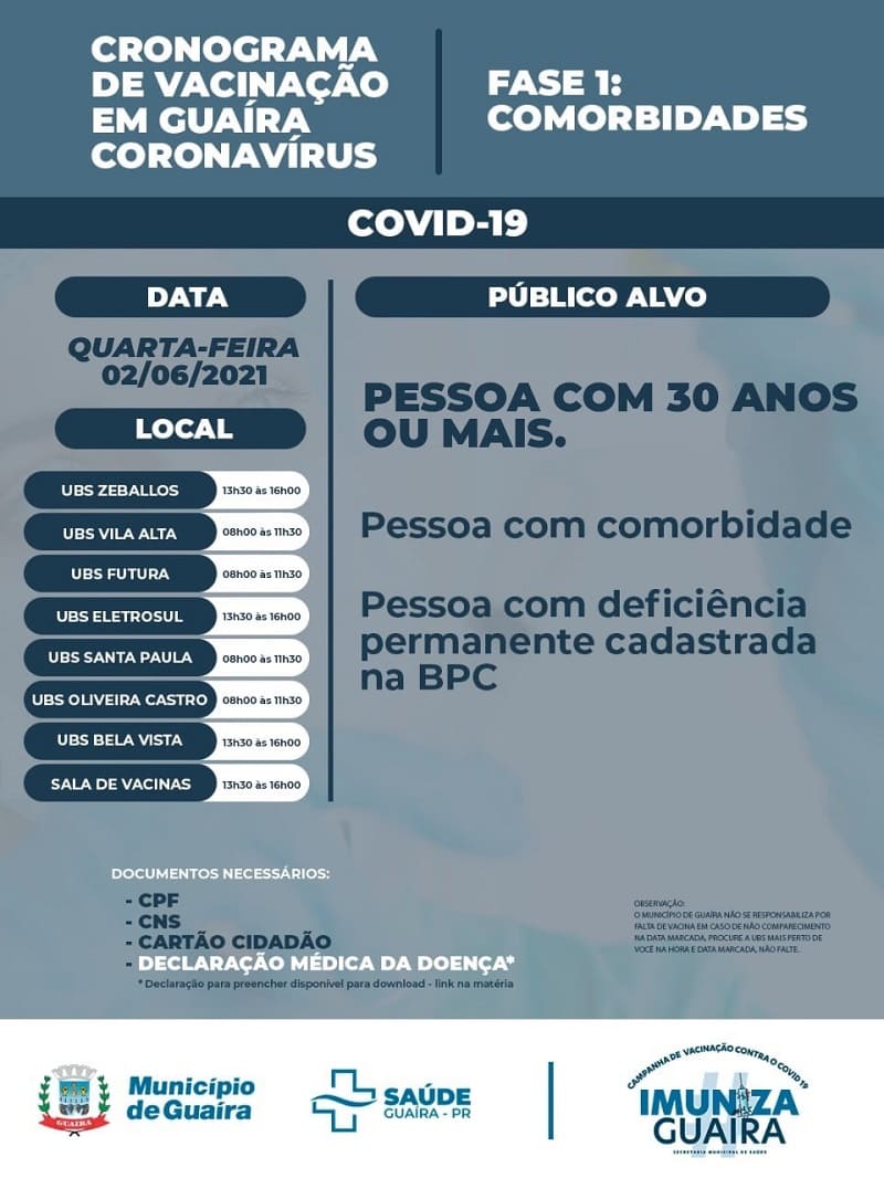 Guaíra - Saúde informa o cronograma de vacinas contra a Covid-19 para esta semana • Portal Guaíra