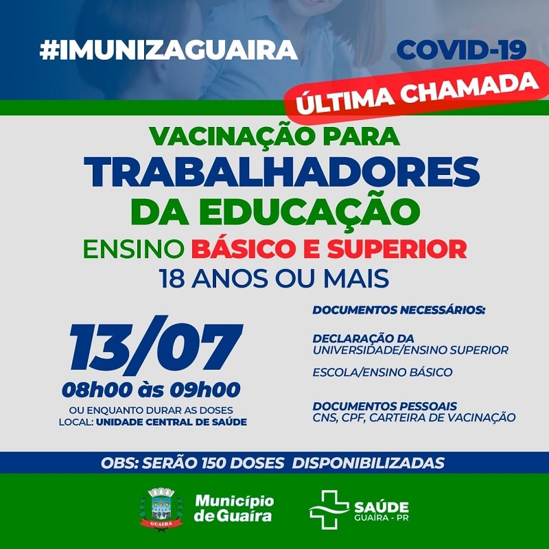 Guaíra - Atenção para o cronograma de vacinas Covid-19 válido para hoje (13) • Portal Guaíra